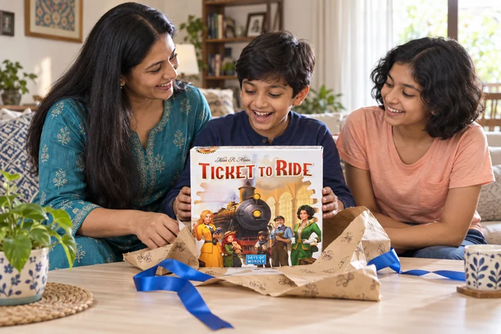 A mother and two children unwrapping Ticket to Ride; an editorial illustration.