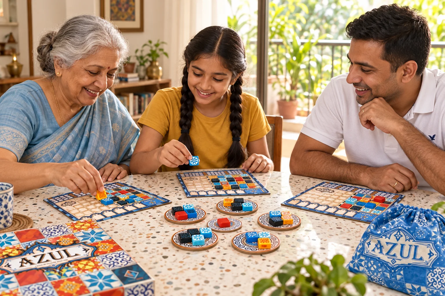 A grandmother, child and father enjoying Azul; an illustration based on real game components.