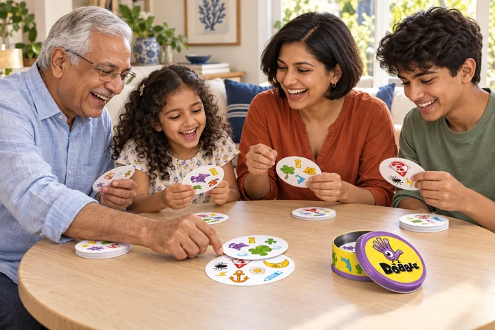 Editorial illustration of a grandfather, mother, girl and teenage boy enjoying Dobble together.