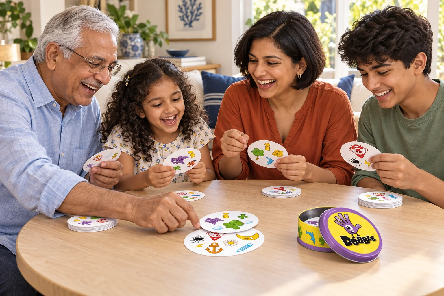 Editorial illustration of a grandfather, mother, girl and teenage boy enjoying Dobble together.