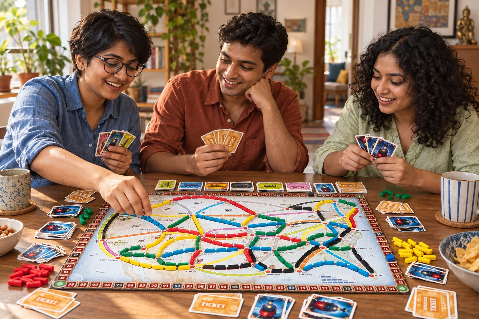 Three friends learning Ticket to Ride at home; an illustration based on real game components.