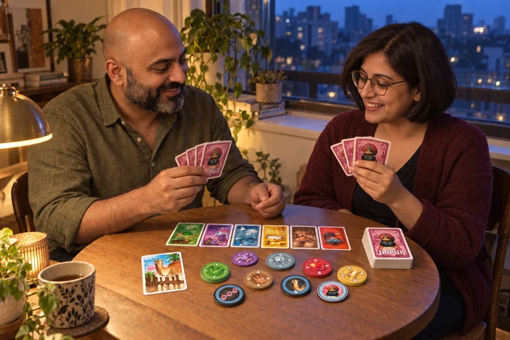 A couple playing Jaipur after dinner; an illustration based on real game components.