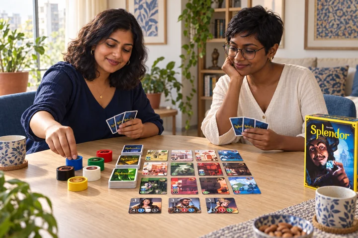 Editorial illustration of two women playing Splendor with its cards and gem tokens.